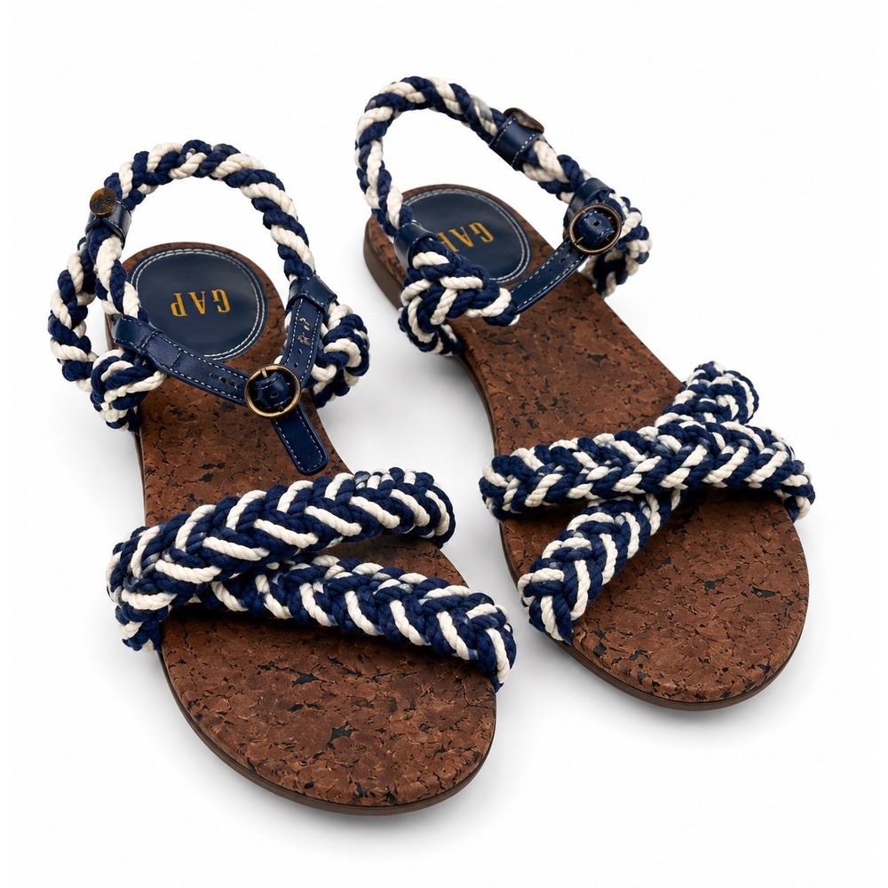 Gap Nautical Braided Rope Flat Navy Blue White Cork Sole Sandals Women's Size 7